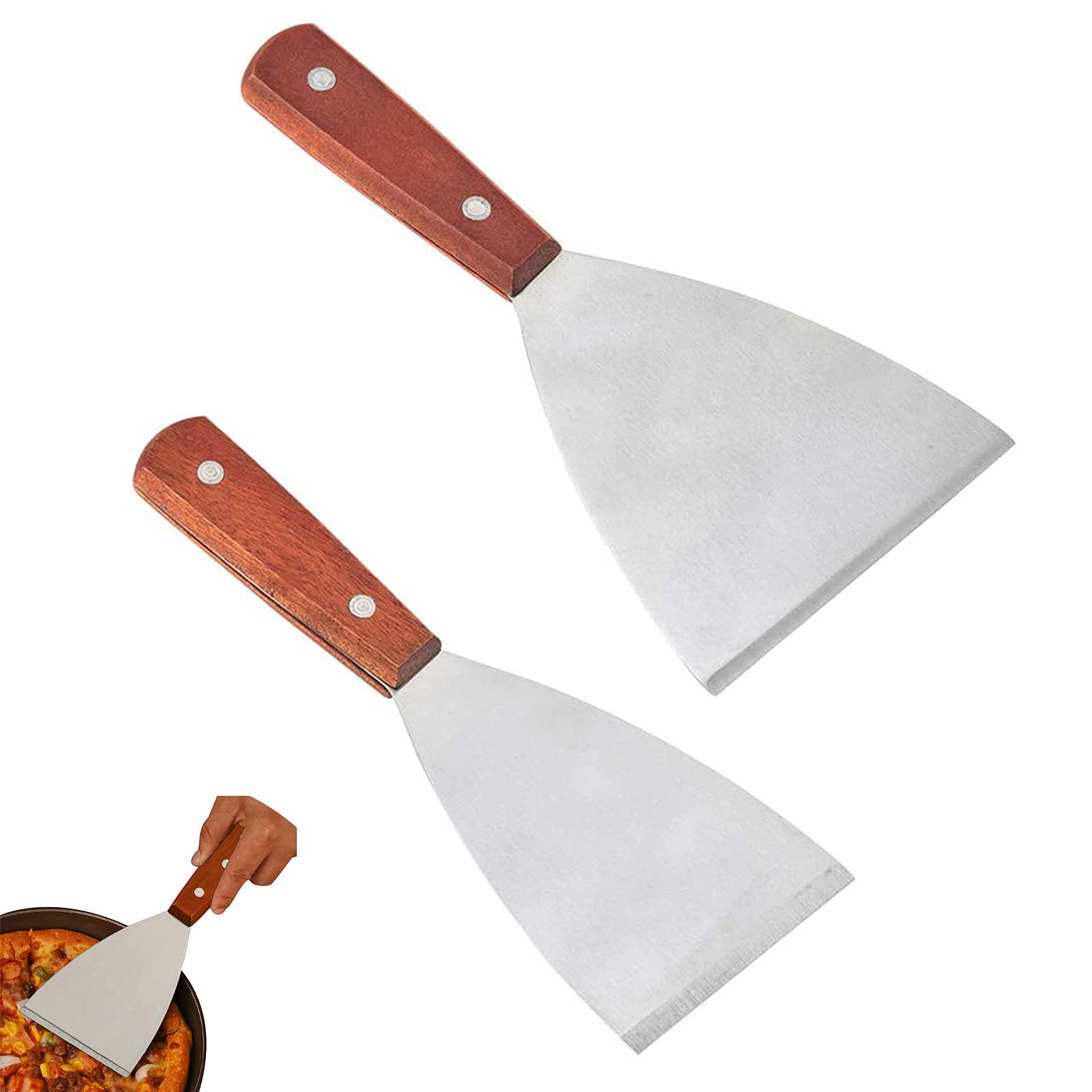 Hju High Quality Stainless Steel Wooden Handle Barbecue Spatula Plancha Spatula for Grilling Meat Teppanyaki and Cleaning Chefrite, Dishwasher Washable, 2 Pieces,Brown,Small