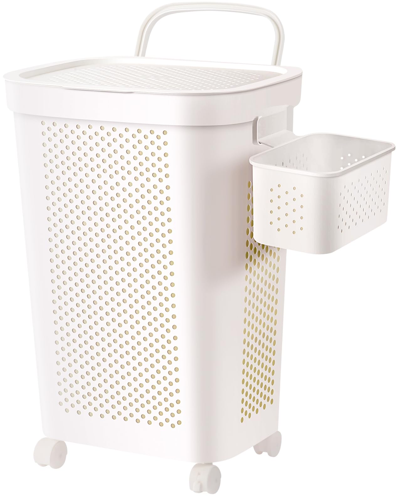 Photo 1 of (minor handle broken, racked) Ultra Wheeled Laundry Hamper with Lid, Suspended basket?Handle and Wheels for Easy Rolling of Clothes to and from The Laundry Room, Plastic?White?