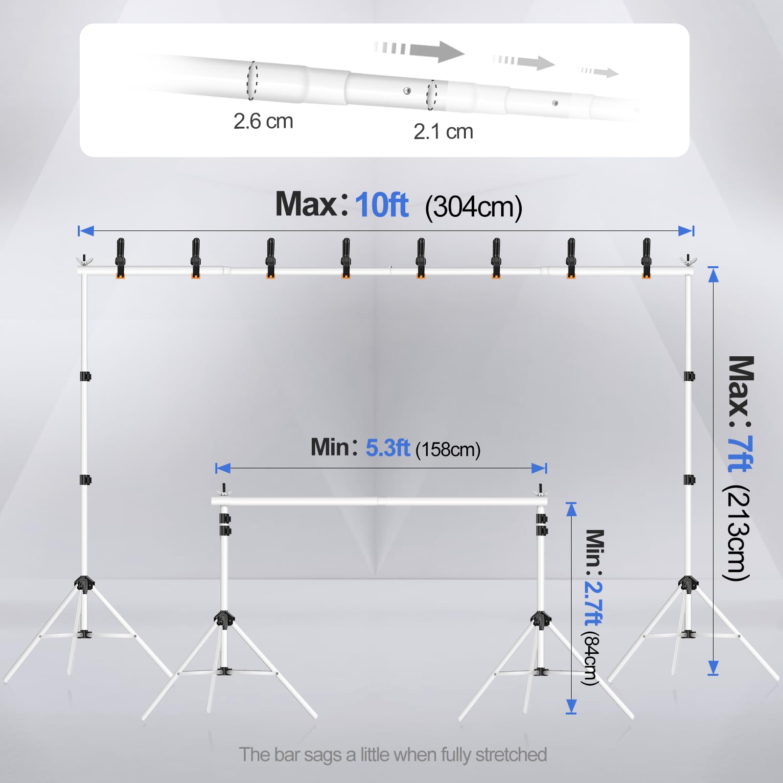 EMART Backdrop Stand 10x7ft(WxH) Photo Studio Adjustable Background Stand Support kit with 2 Crossbars, 8 Clamps, 2 Sandbags and Carry Bag for Parties, Events Decoration, Wedding, Photography -White
