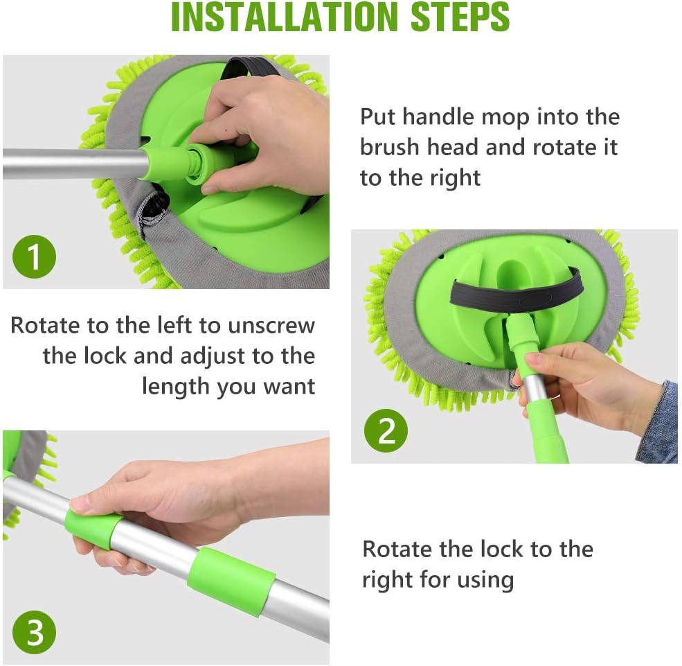 2 in 1 Chenille Microfiber Car Wash Brush Mop Mitt with 45" Aluminum Alloy Long Handle, Car Cleaning Kit Brush Duster, Not Hurt Paint Scratch Free Cleaning Tool Dust Collector Supply for Washing Truck: Automotive