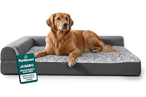 Furhaven Orthopedic Dog Bed for Large Dogs w/ Removable Bolsters & Washable Cover, For Dogs Up to 95 lbs - Two-Tone Plush Faux Fur & Suede L Shaped Chaise - Stone Gray, Jumbo/XL