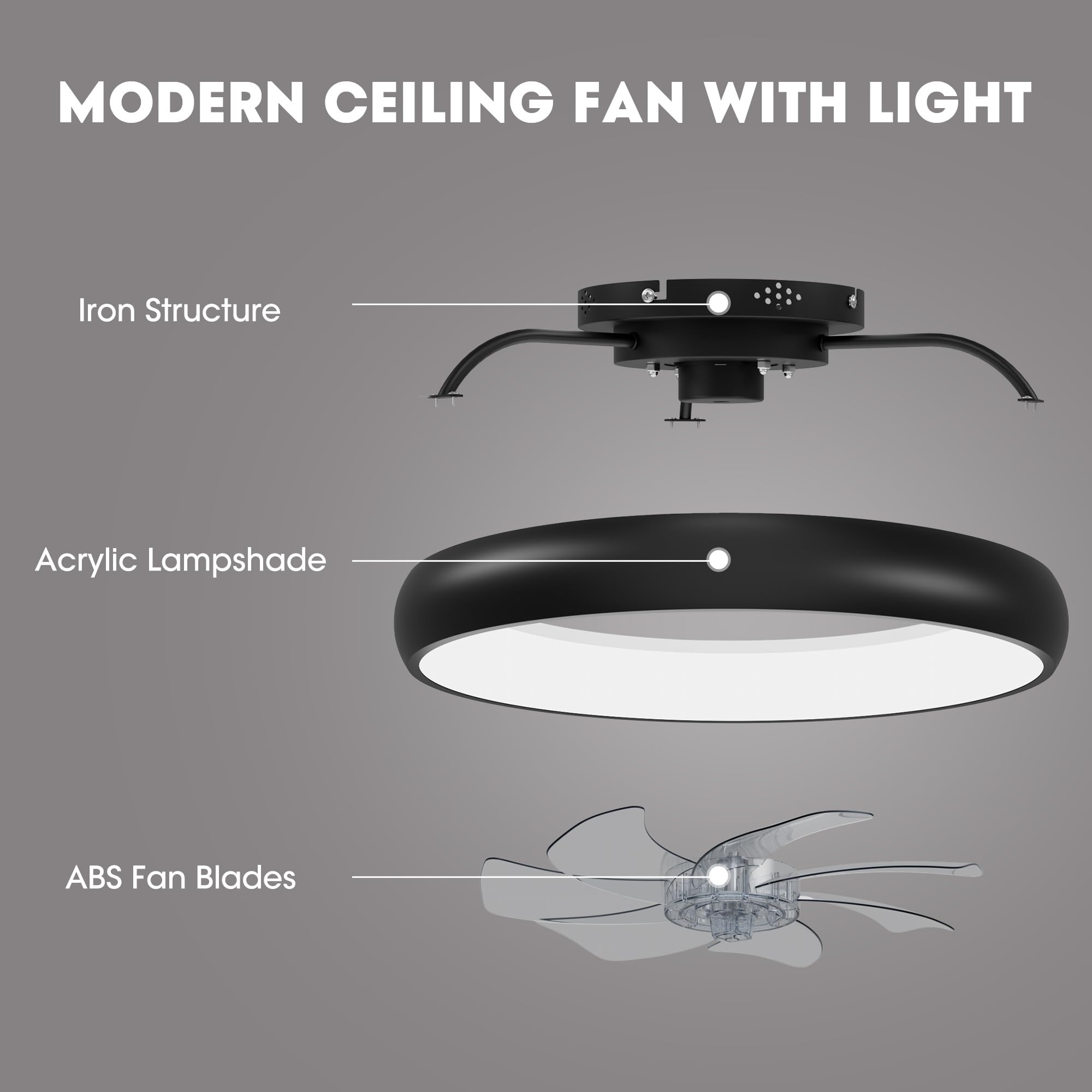 LUDOMIDE Ceiling Fan with Lights, 15" Flush