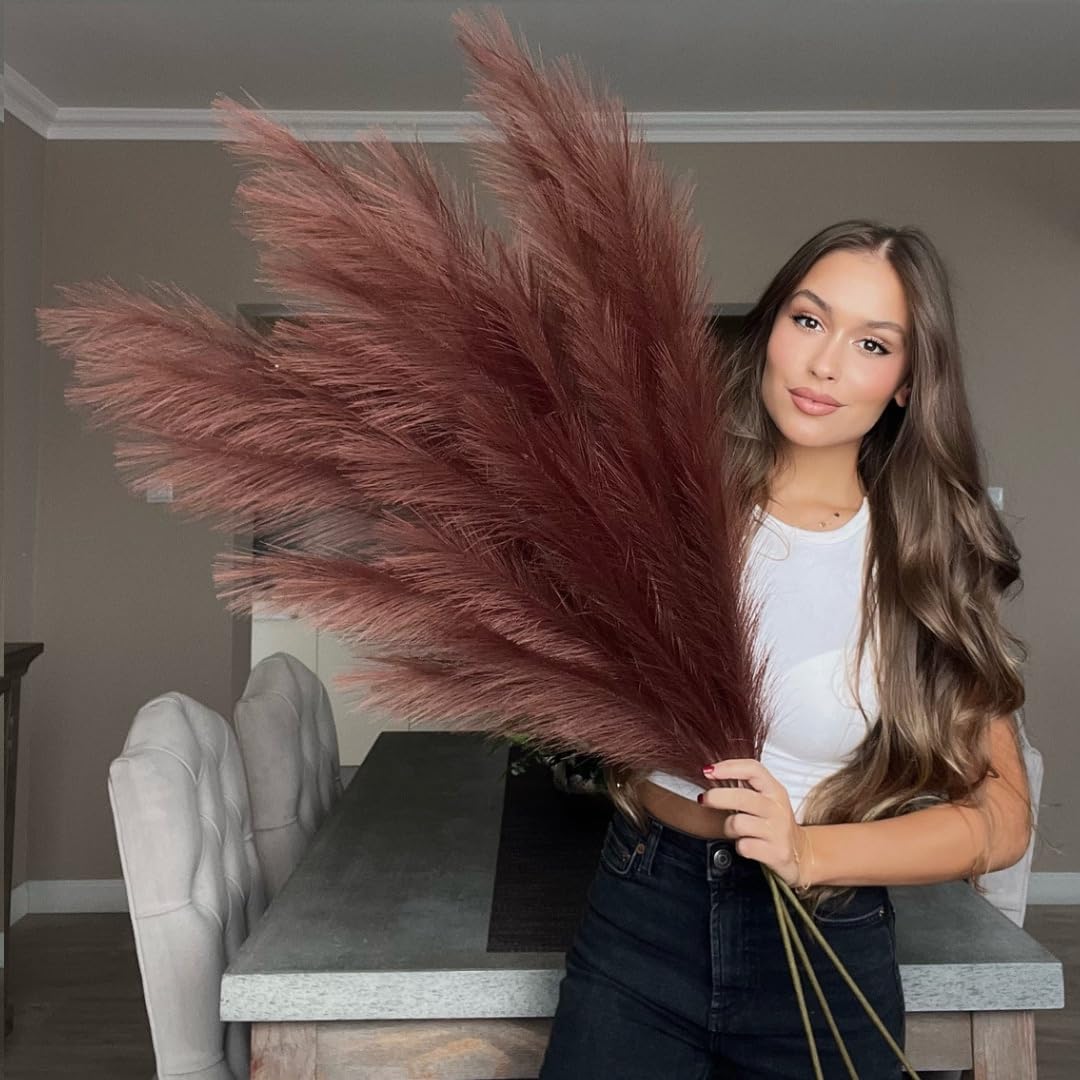 VOULUX Extra Large Tall Hazel Brown Fake Faux Artificial Pampas Grass Large Fluffy x3 115cm Stems x18 Decorative Artificial Flora Feathers For Floor Vases Tall Plant Flowers Long Pampas Grass