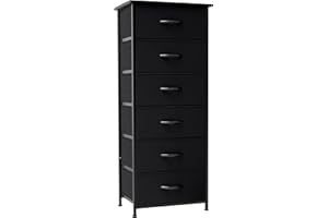 Crestlive Products Vertical Dresser Storage Tower - Sturdy Steel Frame, Wood Top, Easy Pull Fabric Bins, Wood Handles - Organizer Unit for Bedroom, Hallway, Entryway, Closets - 6 Drawers (Black)