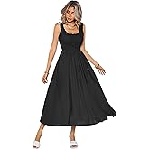 R.Vivimos Women's Summer Cotton Linen Casual Midi Dresses Elastic Straps Empire Waist A-Line Flowy Long Dresses with Pockets