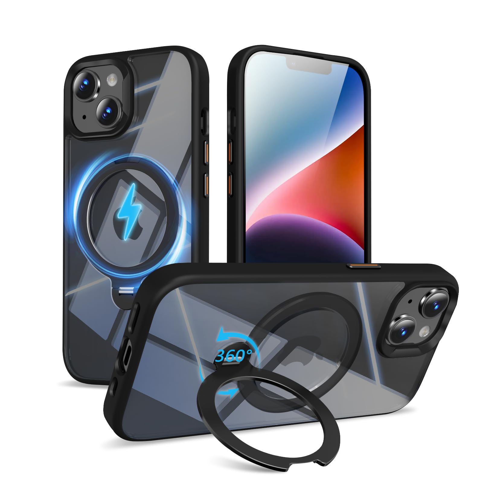 TaeliorTech 360° Spin Invisible Magnetic Stand for iPhone 14/13 Case [Military Grade Shockproof] [Compatible with MagSafe] Slim Translucent Matte Phone Case for iPhone 14/13 (6.1"), Black