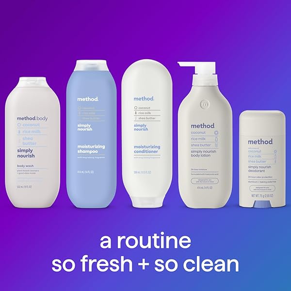 METHOD BODY LOTION, SIMPLY NOURISH, COCONUT, RICE MILK + SHEA BUTTER NOTES, 24 HOURS OF MOISTURE 14 OZ