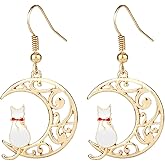 coadipress Cat Moon Earrings for Women Gold Plated Cartoon Enamel White Black Sailor Moon Cat Earrings Animal Carved Crescent Moon Earrings Jewelry