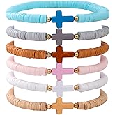 BEAMARKER 6Pcs Bohemian Rainbow Polymer Clay Beaded Cross Stretch Bracelets Heishi Surfer Bracelets Set for Women Summer Beach Layered Stackable Colorful Friendship Accessories Handmade Gifts