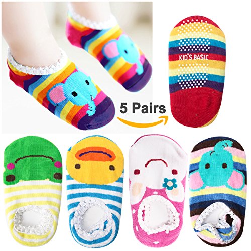 CIEHER 5 Pairs Cute Animal Stripes Non-Skid Baby Slipper Socks with Grip for 6-20 Months Baby Infants Toddler, 5 Cute Colors - Thumbnail 3
