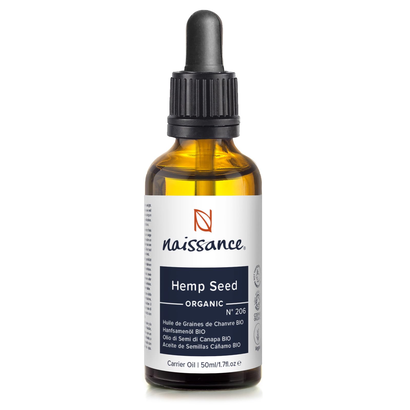 Naissance Organic Virgin Hemp Seed Oil (No. 206) - 50ml - Pure, Cold Pressed, Natural Moisturiser - for Skin, Face, Beard, Nails, Hair, Body, Scalp