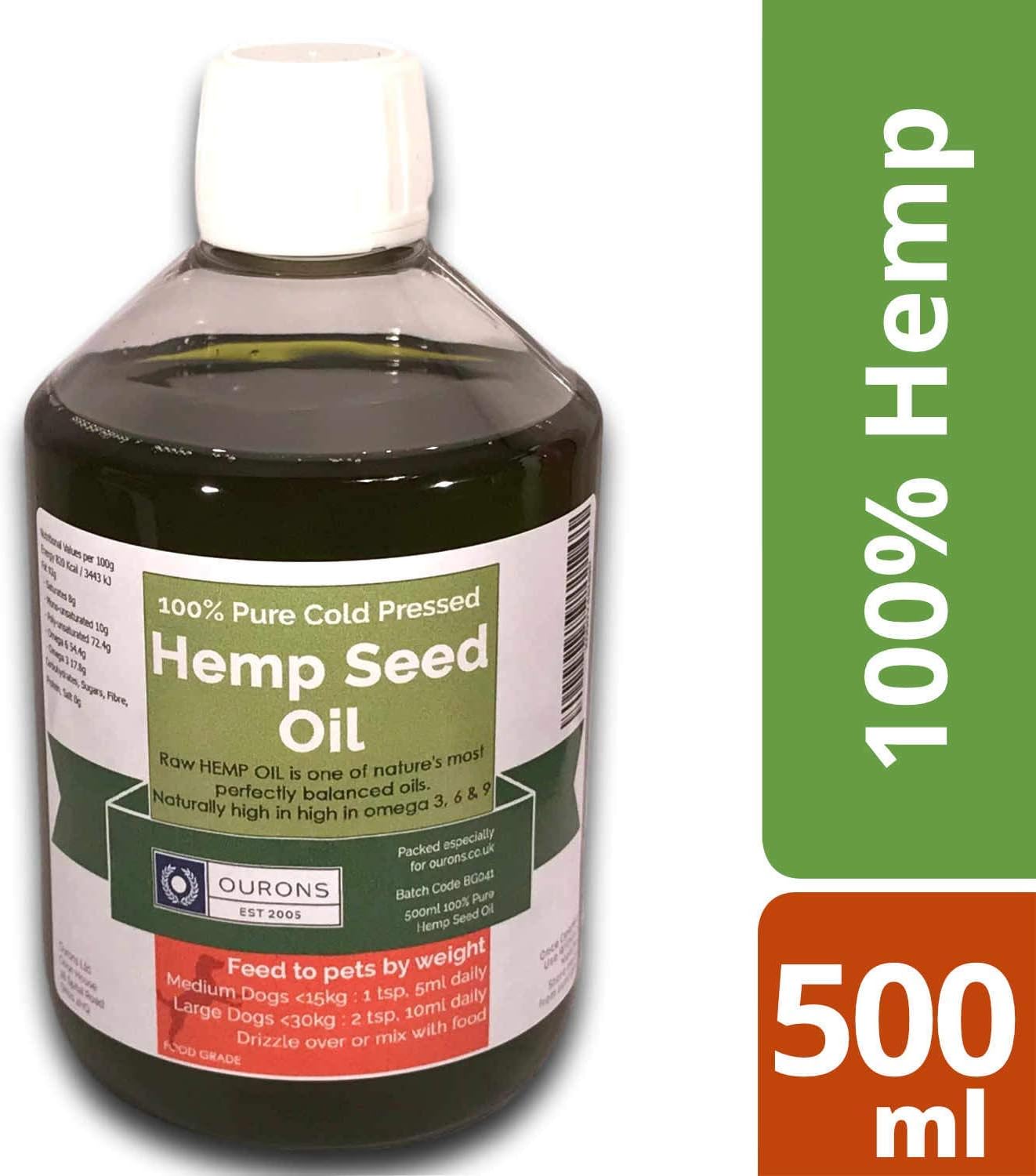 Ourons Hemp Oil for Dogs 500ml - Cold Pressed Food Grade, 500 ml (Pack of 1)
