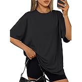 Trendy Queen Womens Oversized T-Shirts Short Sleeve Crew Neck Summer Tops | Drop Shoulder Loose Fit,Casual Basic Plain Tees,Workout&amp;Gym