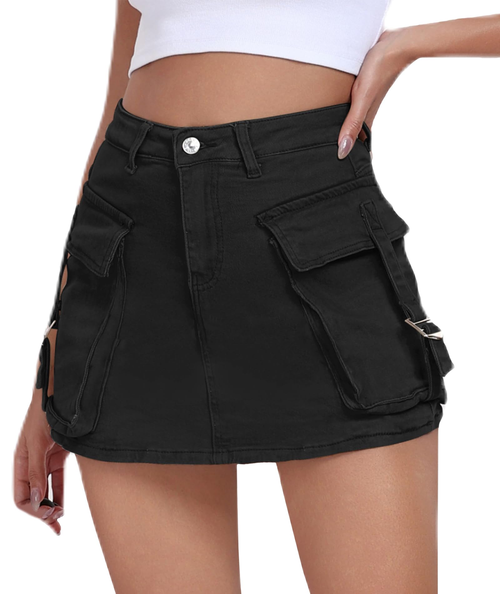 Photo 1 of Aotasely Women's Cargo Skort High Waisted Stretchy Cargo Shorts Button Bodycon Mini Y2K Denim Cargo Skort Skirt Shorts with Pocket size 2xl 
