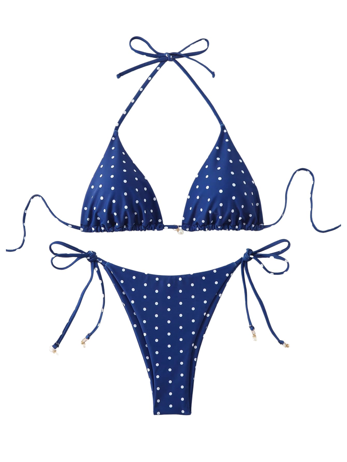 Photo 1 of SOLY HUX Women's Polka Dots Print Bathing Suit Halter Triangle Tie Side Bikini Sets Two Piece Swimsuit Dark Blue Polka Dots Small