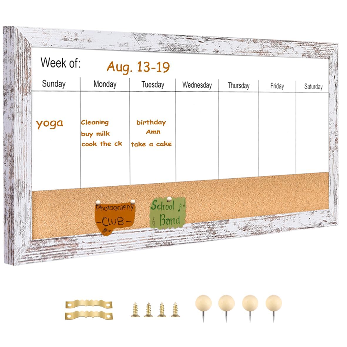 Umtiti Magnetic Weekly Dry Erase White Board and Cork Board, White Wood Frame，Magnetic Surface Whiteboard for Home Office and Wall Decor(ZHZL-3060WH)