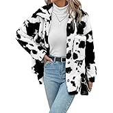 HBER Women's Casual Faux Fur Jacket Trendy Long Sleeve Button Up Cow Print Autumn Winter Loose Sherpa Fur Coats with Pockets