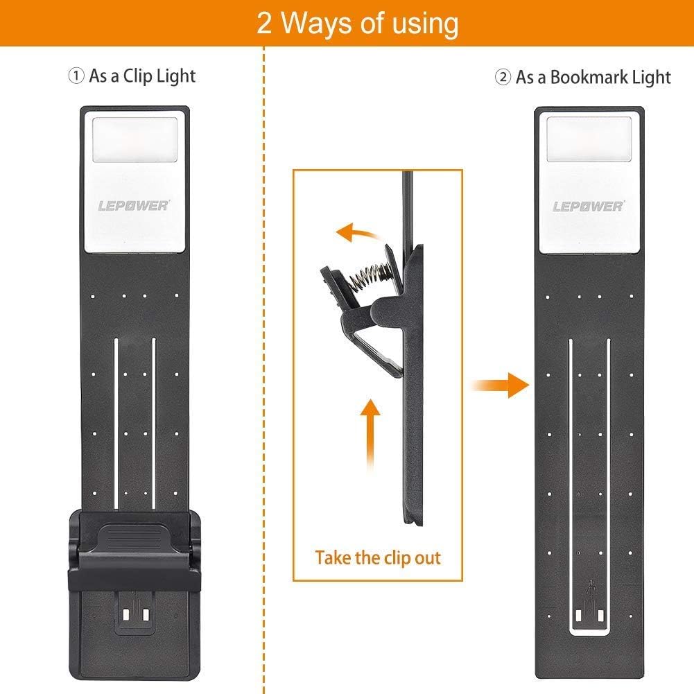 LEPOWER LED Bookmark Book Light, Eye Protection Reading Light, Portable Clip Light, 3 Colors x Stepless Adjustable Brightness, Built-in USB Cable Easy Charge, Perfect for Kindle, IPad & Readers - - 