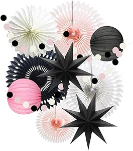 Pink Black White Party Decorations for Girls Women Minnie Mouse First Birthday Decoration Wedding Bridal Baby Shower Hanging Tissue Paper Fans Circle Garland Paper Lanterns