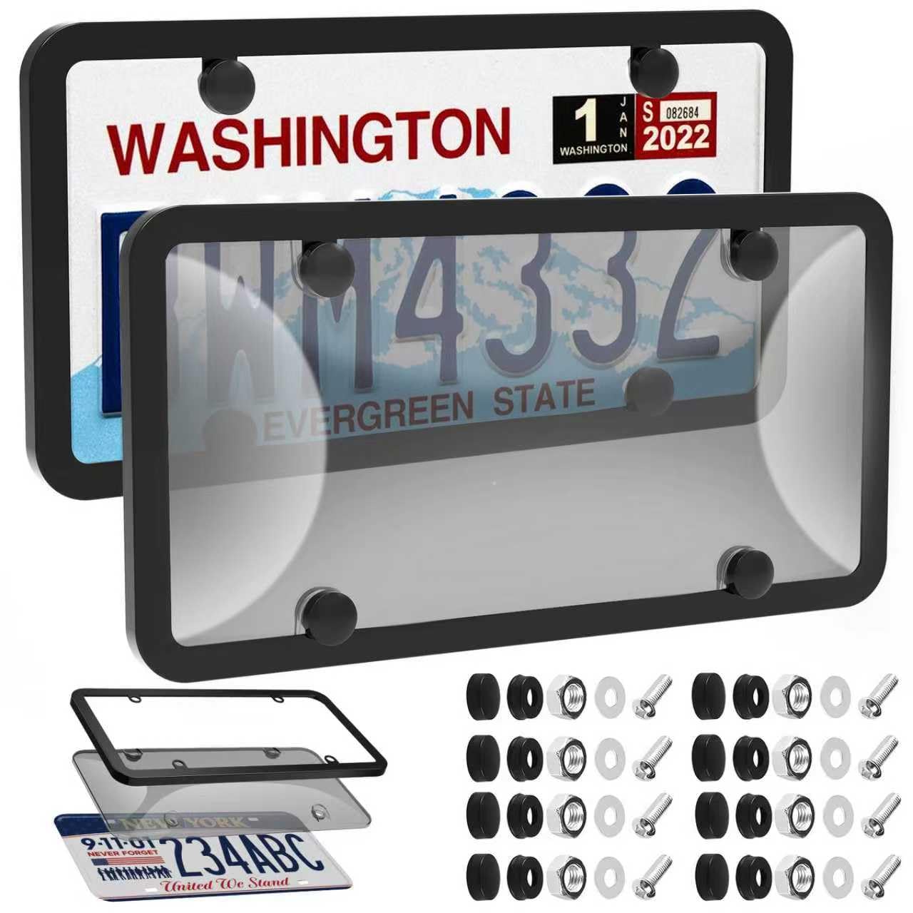 Photo 1 of 2 Pack License Plate Protector & Frame Combo, Clear Plastic Car Front/Rear Covers with Screws Caps, Car Exterior Accessories Black Universal License Plate Frame Holder for Women Men