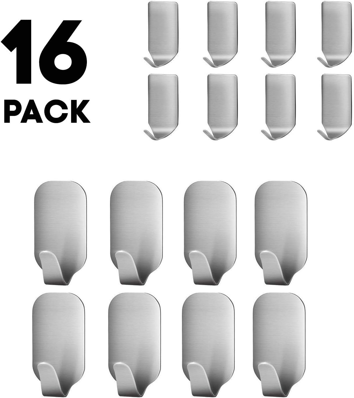 Adhesive Hooks Stick on Hooks Heavy Duty Wall Hooks for Hanging Stainless Steel Ultra Strong Waterproof Wall Hangers for Robe Coat Towel Keys Bags Home Bathroom 16 Pack
