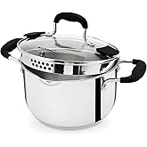 Rorence Stainless Steel Stock Pot with Pour Spout & Silicone Handles & Glass Lid with Strainer - 3.7 Quart