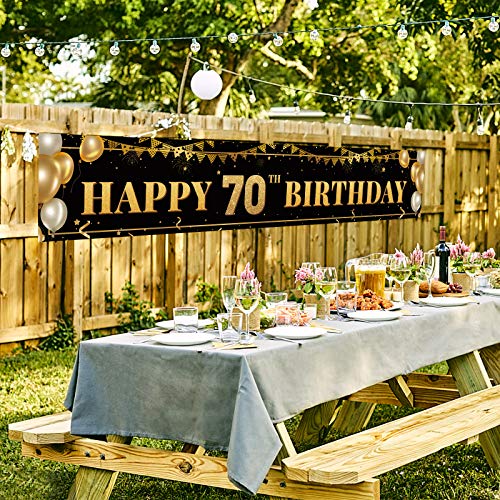 Large Happy 70th Birthday Decoration Banner, Black and Gold Happy 70th