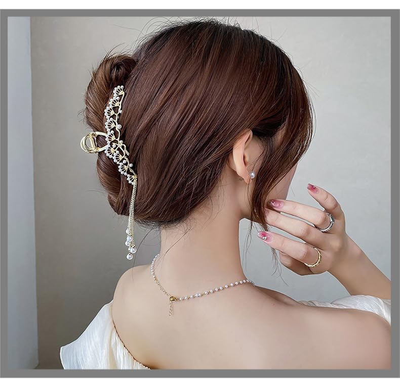 fdSmall Hair Claw Clips - Large, Non-Slip Metal Faux Pearl Dangle Hair Accessories for Thick Hair, Girls & Women