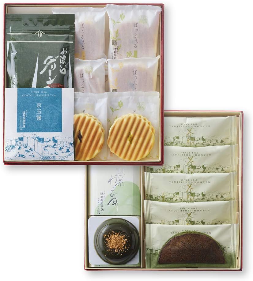 辻利兵衛本店 宇治ギフトセット 京抹茶菓撰緑寿C(宇治抹茶わらび餅3個・茶福餅5個)(ばっふぇる抹茶3枚・ばっふぇるバニラ3枚)(グリーンティ150g袋入り1袋・京玉露ティーバッグ1袋)