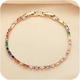Fashion Dainty Multi-Color Gemstone Classic Tennis Bracelet for Women 3mm Rainbow Diamond CZ Cubic Zirconia 18K Rose Gold Plated Bridal Bracelet Adjustable Size 8"(Zircon Color is Random)