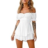 SYHVGI Women Short Puff Sleeve Romper Dress Off-Shoulder Ruffle A Line Romper Flowy Swing Summer Beach Sundress Dress