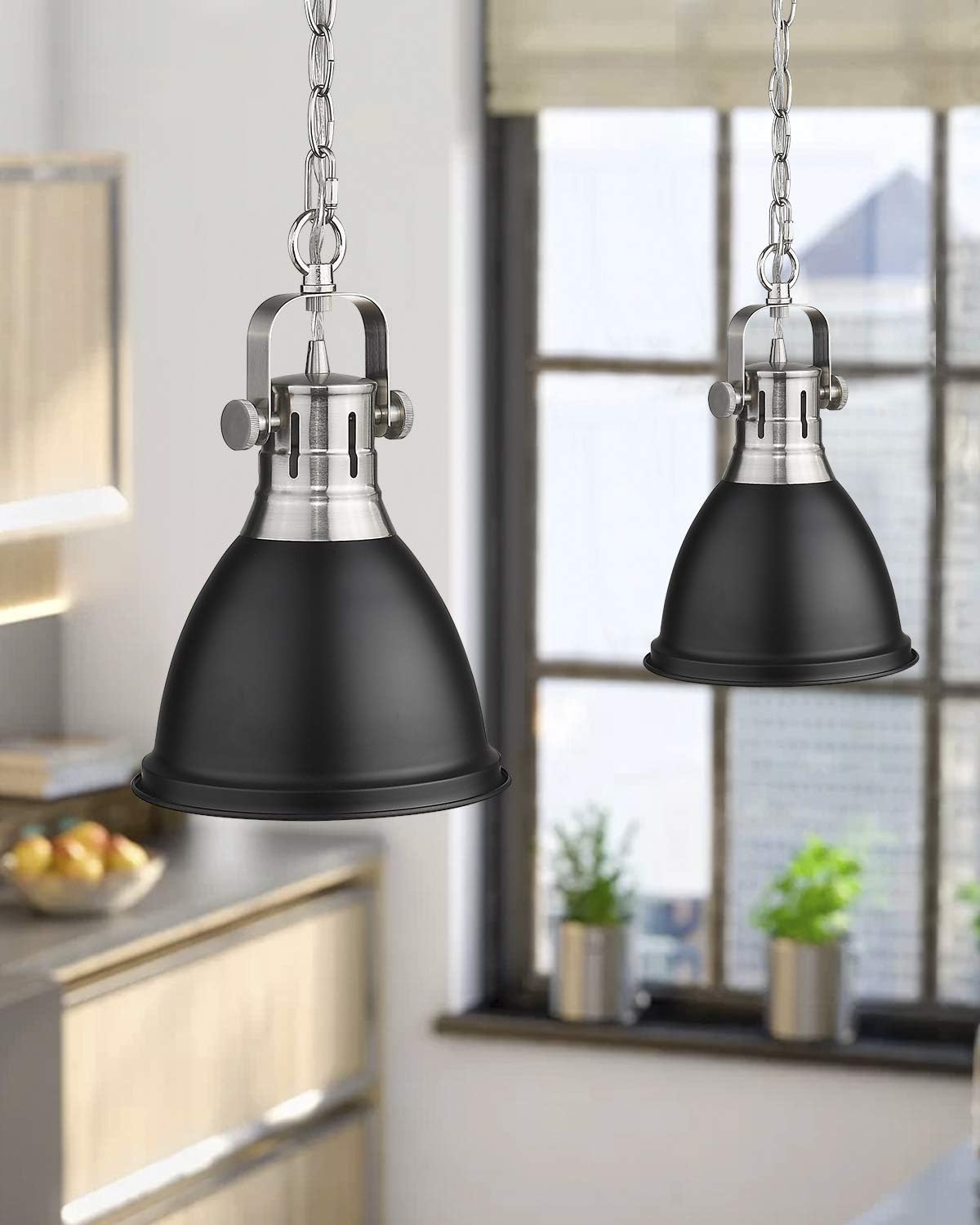 Emliviar 1-Light Industrial Pendant Light, 8 inch Modern Dome Hanging Light with Metal Shade, Black Finish, 4054M BN/BK - - 