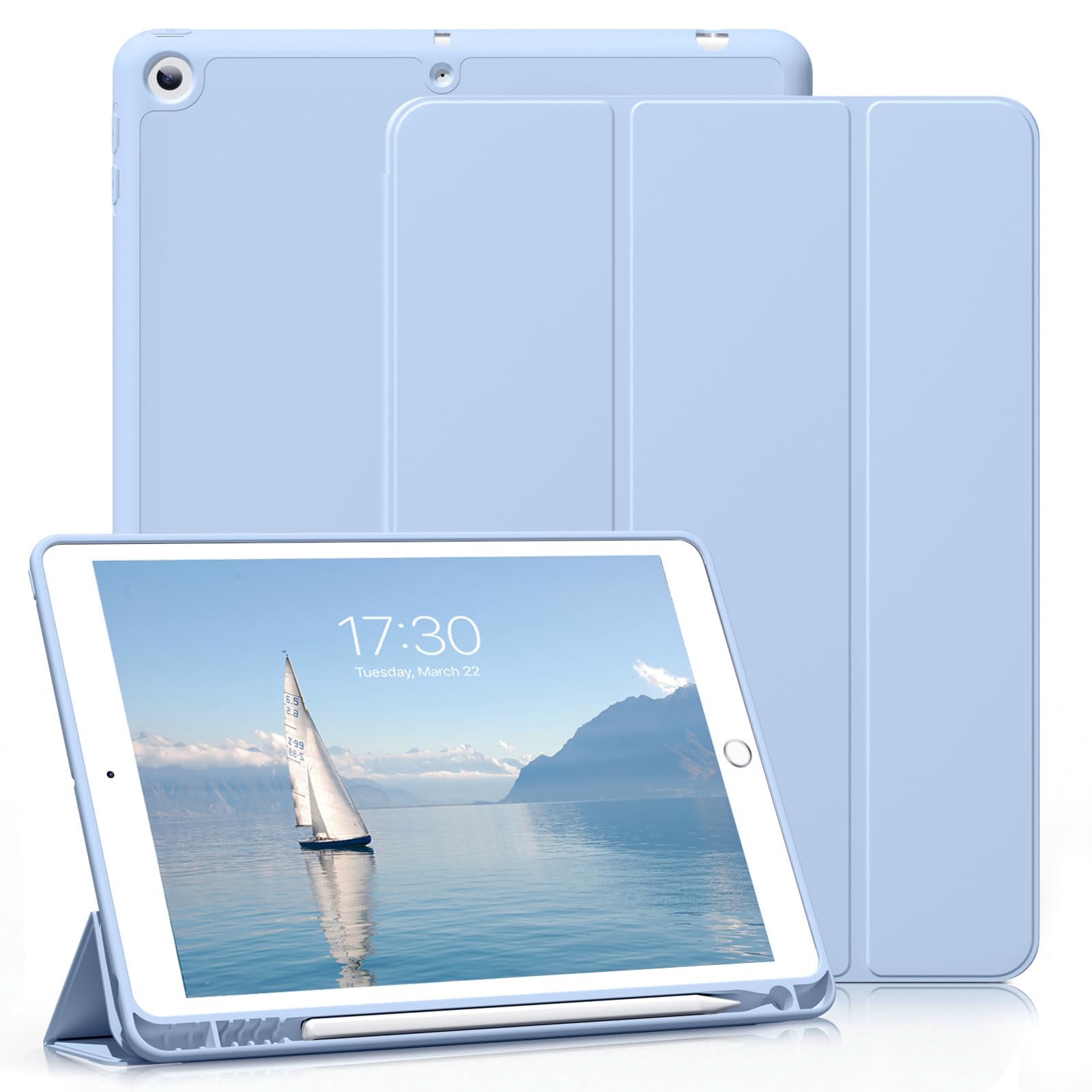 ZOYU Case for iPad 6th Generation 2018 / 5th Gen 2017 9.7 Inch with Pencil Holder, Slim Lightweight Smart Trifold Stand Protective Cover, TPU Soft Silicone Magnetic Auto Sleep/Wake, Light Blue