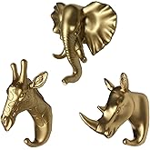 Set of 3 Elephant Head Giraffe Head and Rhino Head Wall Hooks / Hangers Animal Shaped Coat Hat Hooks (Gold)