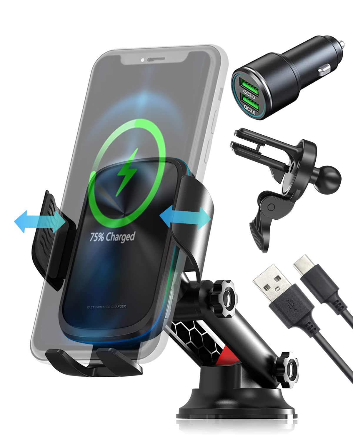 E-SMARTER Wireless Car Charger,15W Car Phone Holder Wireless Charger with Auto-Clamping, Reminder Function, Air Outlet&Windshield Dashboard, Car Wireless Charger for iPhone 13/12/11/XS/XR,S20/S10 etc