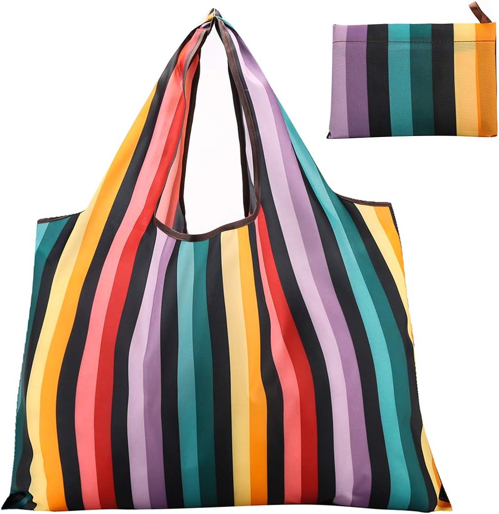 JISEN Reusable Grocery Bags 2 Packs Large Nylon Washable Foldable Eco Friendly Heavy Duty Shopping Tote Bag Fits in Pocket New Rainbow - Image 4
