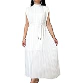 KEOMUD Women Summer Pleated Maxi Dress Elegant Sleeveless Formal Long Dress Casual Tie-Waist Outwear