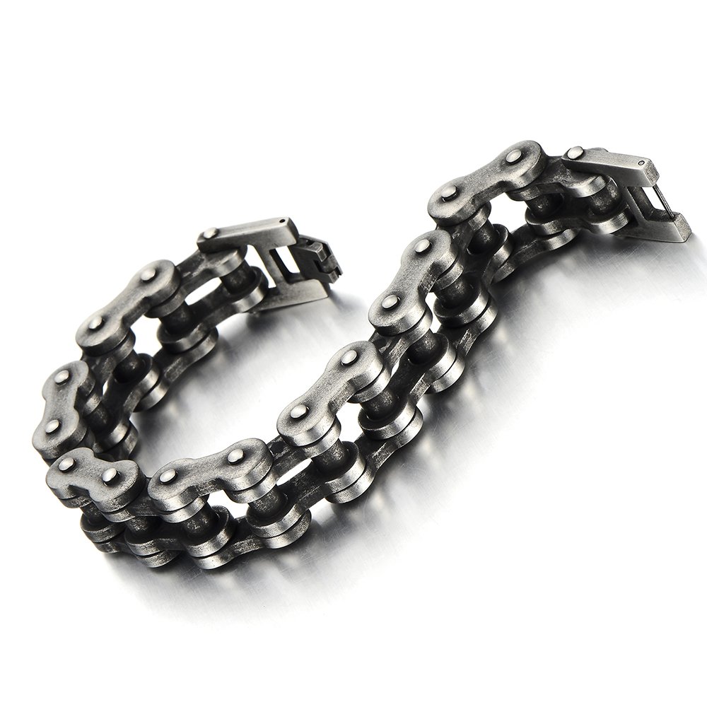 COOLSTEELANDBEYOND Classic Mens Bike Chain Bracelet Stainless Steel Old Metal Treatment Retro Style
