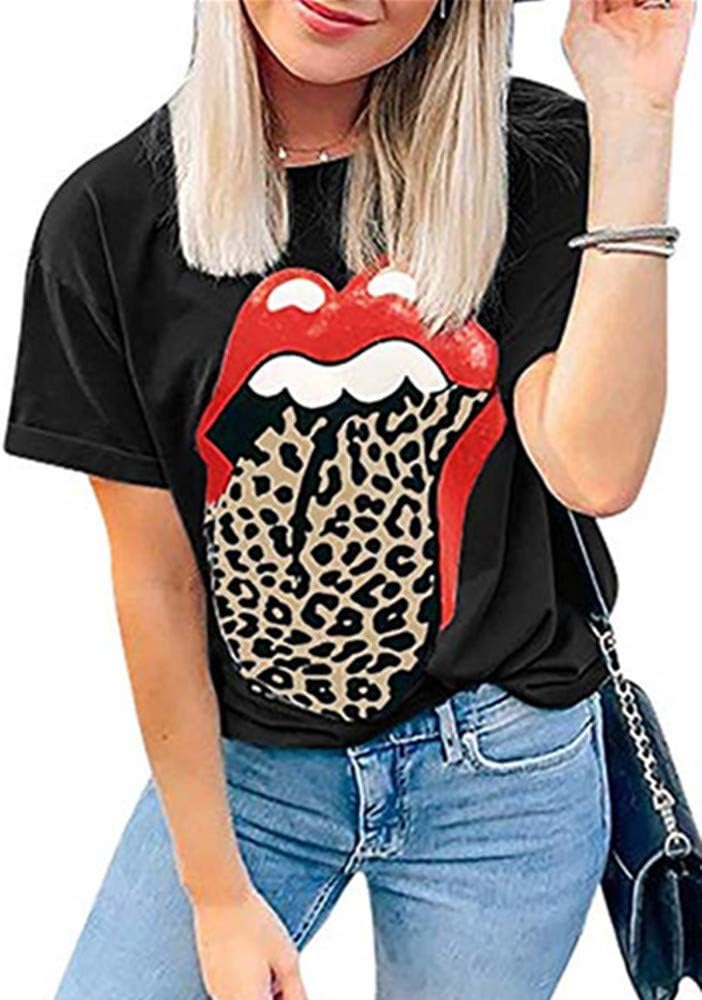 Women Red Lip Leopard Tongue T-Shirt Short Sleeve Cute Graphic Animal Tee Tops