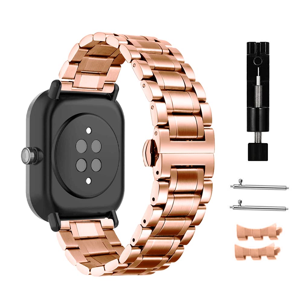 Niboow 20mm Strap for Amazfit GTS 4 Mini/GTS 3/GTS 2 Mini/Bip 3 Pro/Bip S/Bip U Pro/Bip Lite, Metal Stainless Steel Watch Bands for Garmin Venu Sq 2/Venu Sq 2 Music/Venu 2 Plus/Venu Sq Music-Rose Gold