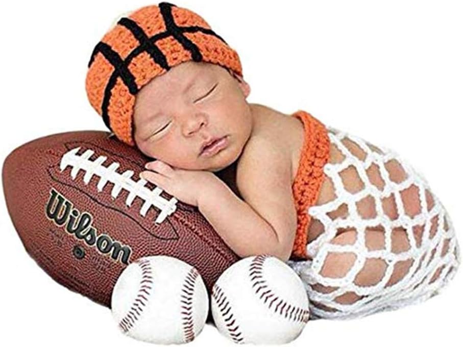 Newborn Baby Boy Basketball Photography Props Crochet Orange Hat+White Basket Costume Outfits