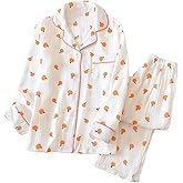 codcm Womens Cotton Gauze Pajama Set Long Sleeve Button Up Shirt and Pants 2 Piece Cute Printed Pj Set