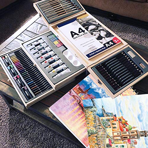 Professional Art Set 85 Piece with 3 x 50 Page Drawing Pad, Deluxe Art Set in Portable Wooden Case-Painting & Drawing Set Professional Art Kit for Kids, Teens and Adults/Perfect Gift