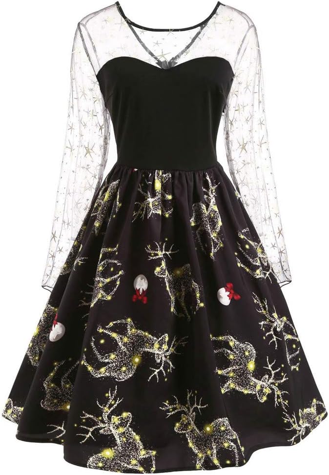 Fashionhe Women Star Elk Print Mesh Party Swing Dress Vintage Lace Long Sleeve Christmas A-Line Dress