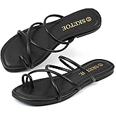 SKETOE Strappy Sandals for Women Square Open Toe Flip Flops Comfortable Flat Sandals Toe Ring Thong Sandals for women, Black
