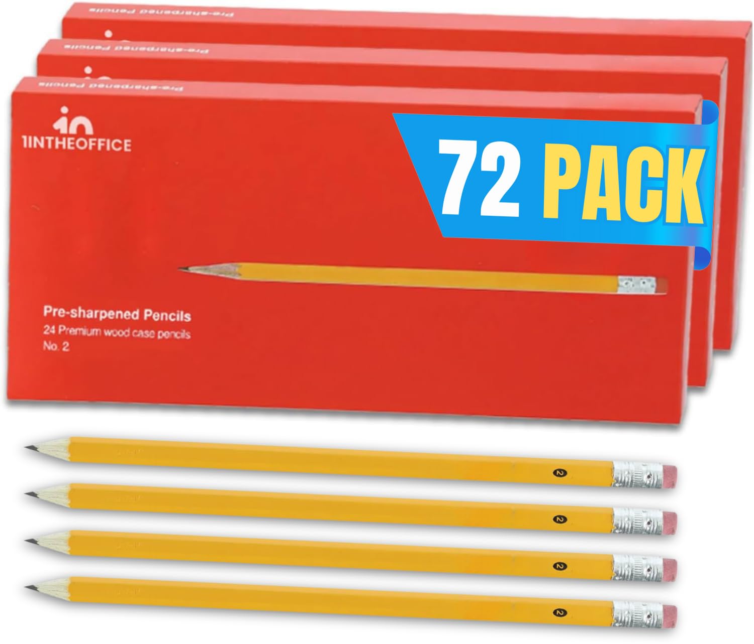 Photo 1 of 1InTheOffice Pre Sharpened Pencils #2, Pencils with Eraser, 2 HB, Wood-Cased, Black Lead, Yellow Barrel (72)