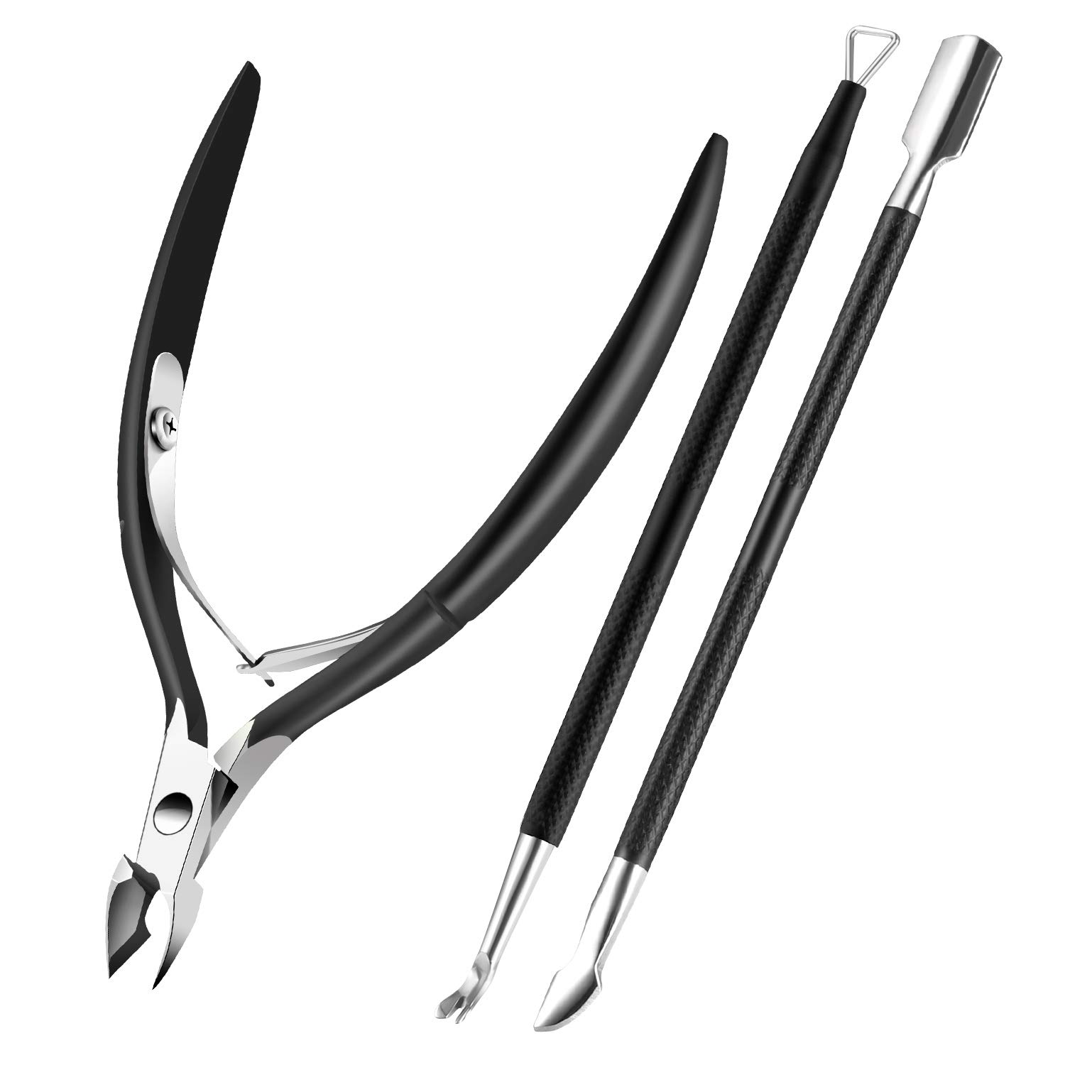 Cuticle Trimmer with Cuticle Pusher, XUNXMAS Cuticle Remover Cutter Nipper Scissor and Triangle Cuticle Nail Pusher Peeler Scraper, Durable Dead Skin Clipper Manicure Pedicure Tools (Black)