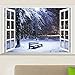 DNVEN Snow Winter Bench False Faux Window Frame Window Mural 3D Full Color High Definition Vinyl Bedroom Living Room Playroom Wall Decals Stickers 24 inches x 16 inches