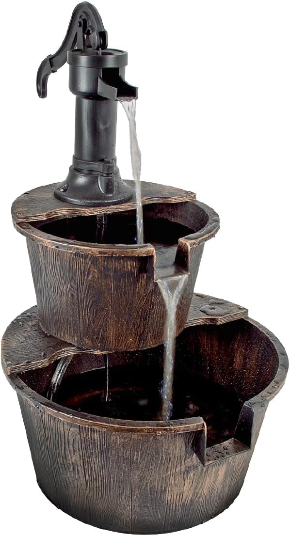 GardenKraft Rustic 2 Tier Garden Fountain Barrel Style with Built-In Pump