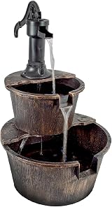 GardenKraft Rustic 2 Tier Garden Fountain Barrel Style with Built-In Pump